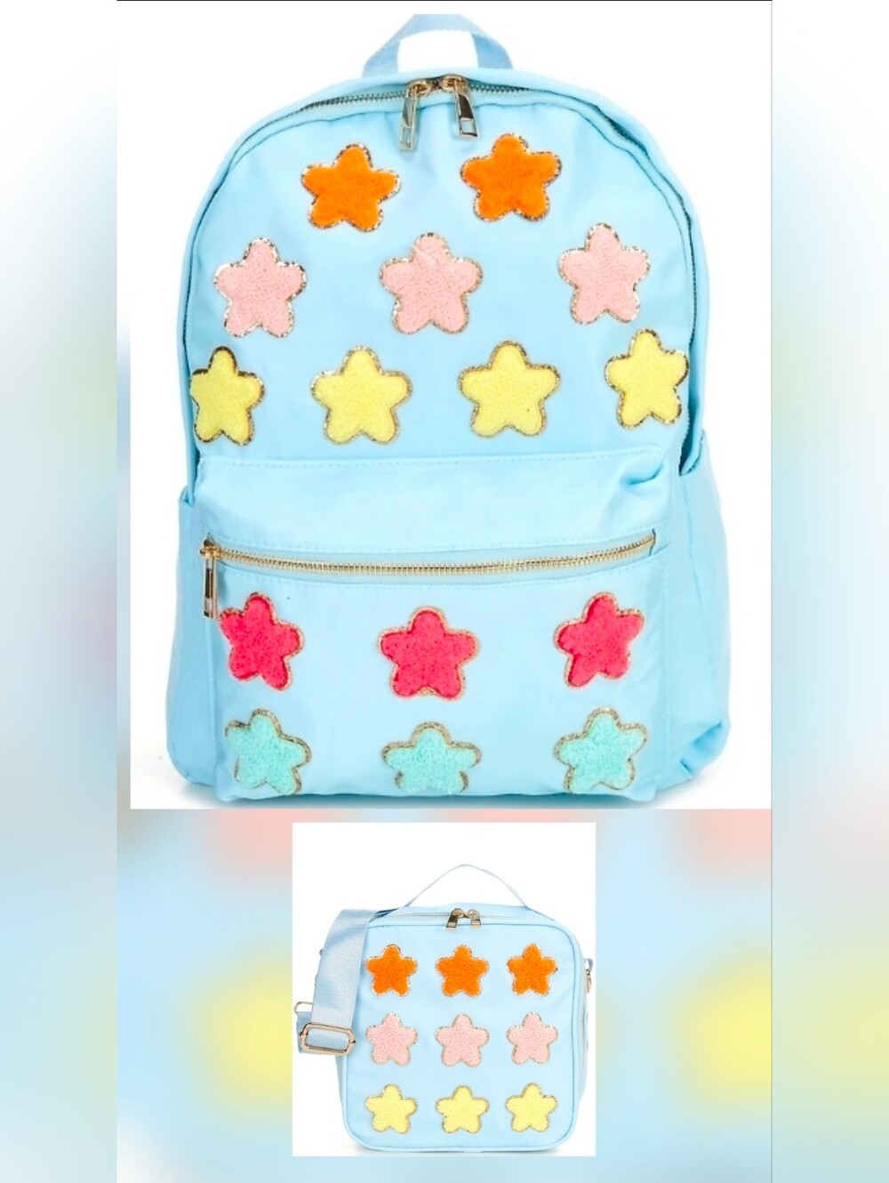 Pastel Star Patch Backpack & Matching Lunch Box Set – Cute Girls School Bag Blue